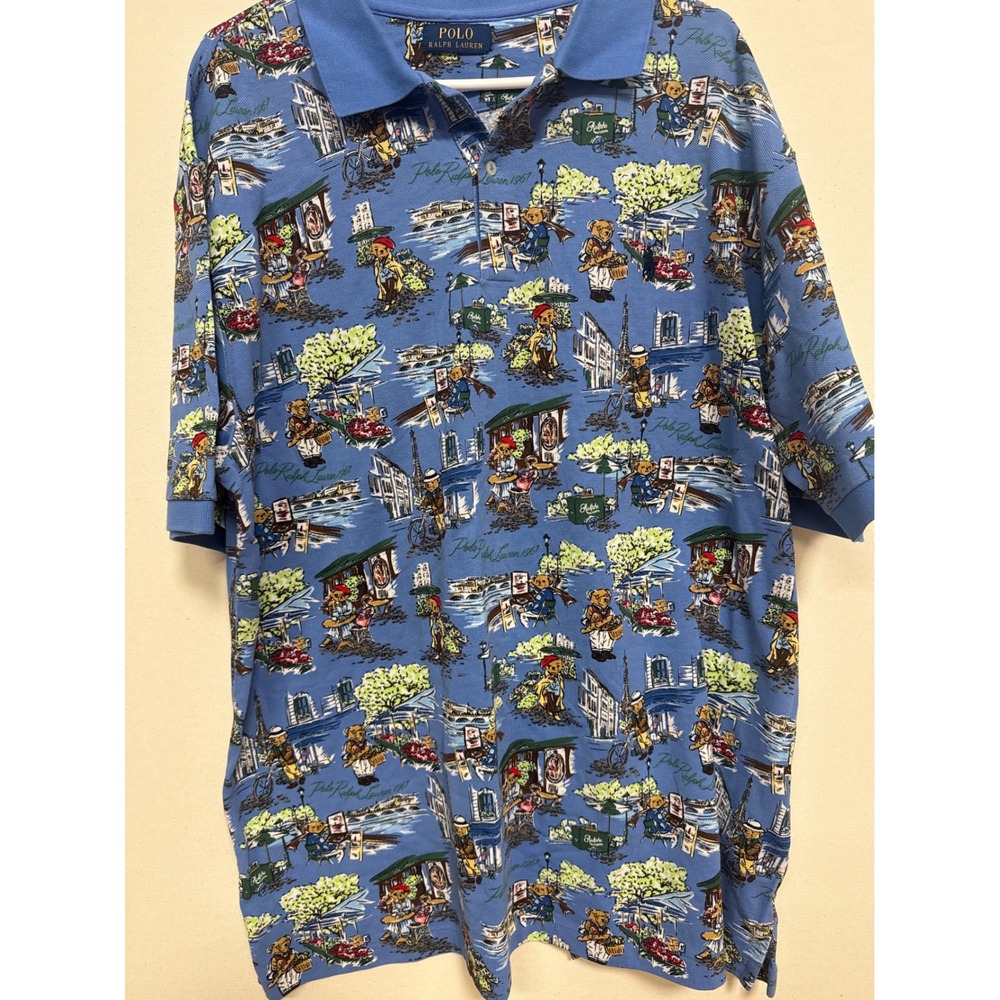 Polo Ralph Lauren Polo Bear Paris All Over Print Shirt Blue Pique Cotton Mens